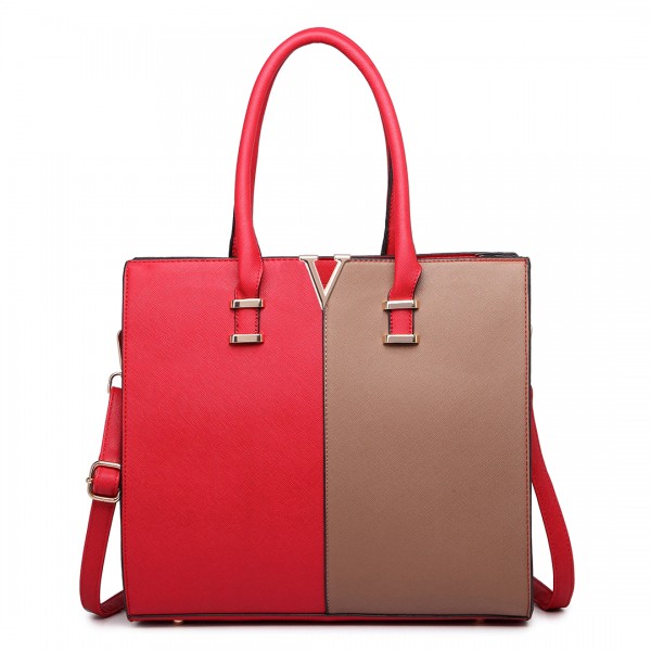 LT1666 - Miss Lulu Split Front Design Medium Tote Handbag Red and Brown LT1666 - Miss Lulu Split Front Design Medium Tote Handbag Red and Brown